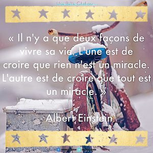 "Il n'y a que deux façons de vivre sa vie. L'une est de croire que rien n'est un miracle. L'autre est de croire que tout est un miracle." Albert Einsten