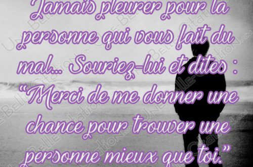 « Jamais pleurer pour la personne qui vous fait du mal... Souriez-lui et dites : "Merci de me donner une seconde chance pour trouver une personne mieux que toi." » 
