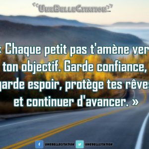 « Chaque petit pas t'amène vers ton objectif. Garde confiance, garde espoir, protège tes rêves et continuer d'avancer. »