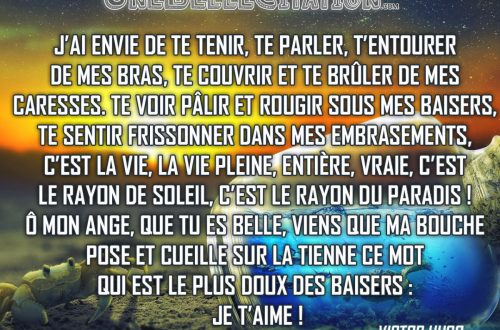J’ai envie de te tenir, te parler, t’entourer de mes bras, te couvrir et te brûler de mes caresses. Te voir pâlir et rougir sous mes baisers, te sentir frissonner dans mes embrasements, c’est la vie, la vie pleine, entière, vraie, c’est le rayon de soleil, c’est le rayon du paradis ! Ô mon ange, que tu es belle, viens que ma bouche pose et cueille sur la tienne ce mot qui est le plus doux des baisers : Je t’aime ! Victor Hugo