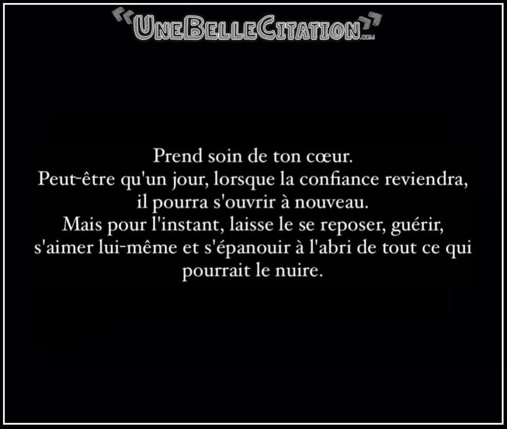 « Prend soin de ton cœur. Peut-être qu'un jour, lorsque la confiance reviendra, il pourra s'ouvrir à nouveau. Mais pour l'instant, laisse le se reposer, guérir, s'aimer lui-même et s'épanouir à l'abri de tout ce qui pourrait le nuire. »