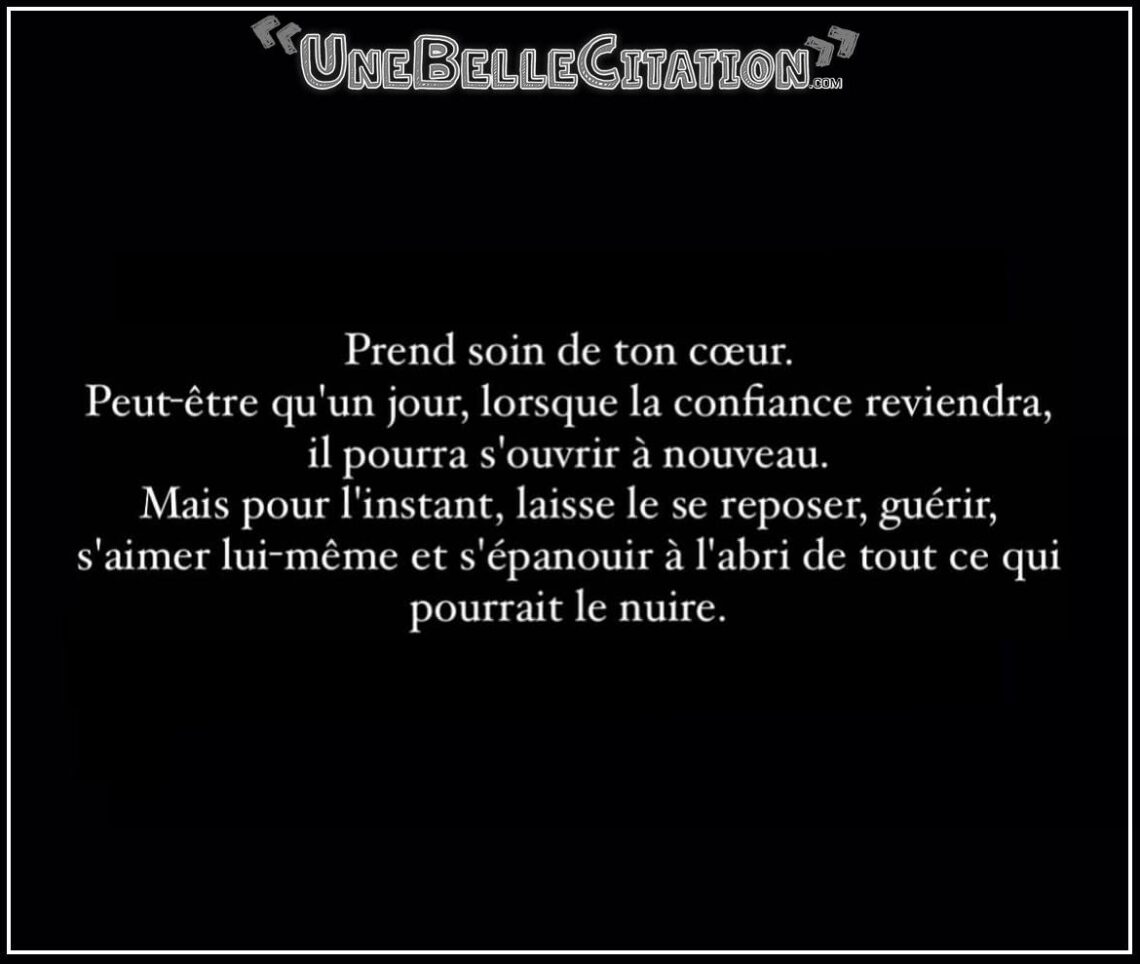 « Prend soin de ton cœur. Peut-être qu'un jour, lorsque la confiance reviendra, il pourra s'ouvrir à nouveau. Mais pour l'instant, laisse le se reposer, guérir, s'aimer lui-même et s'épanouir à l'abri de tout ce qui pourrait le nuire. »